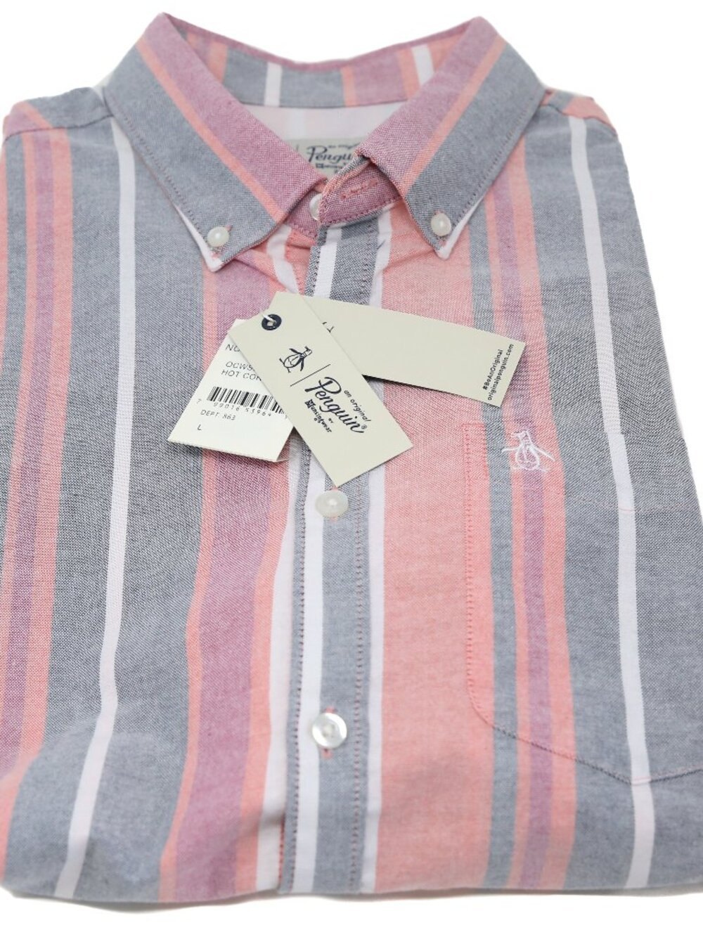 Original Penguin Men's L Pink Striped Short Sleeve Button Down Oxford Shirt NWT